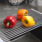 Escurreplatos plegable de acero inoxidable, se enrolla, ideal para fregadero; escurridor de cocina con silicona (color negro 20.5 x 13.13 pulgadas)